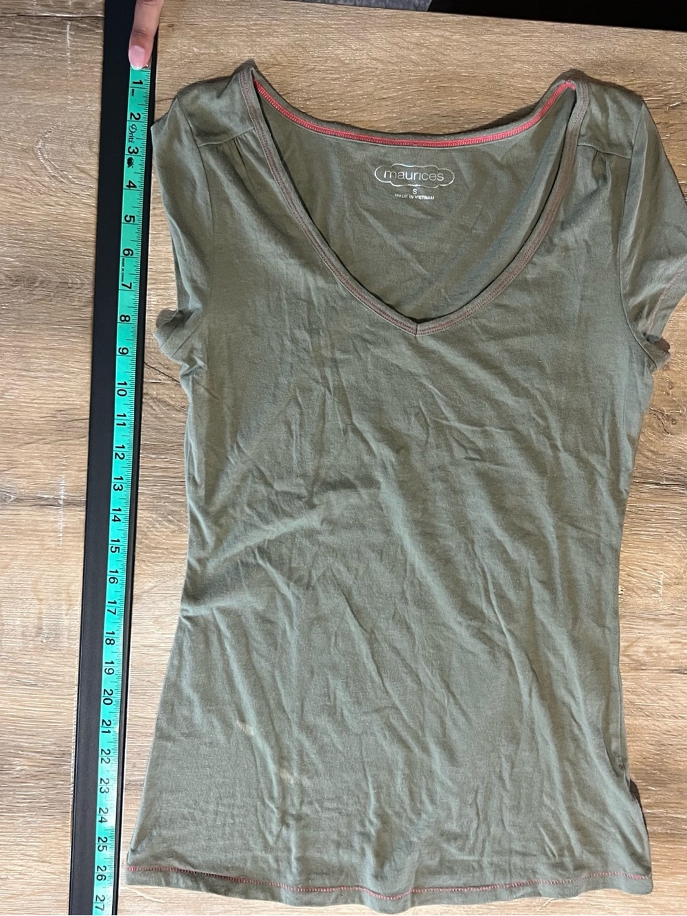 Maurices Olive V-Neck Women's Tee with Contrast Stitching & Shoulder Seaming